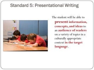 Standard 5: Presentational Writing

                    The student will be able to
                      present information,
                      concepts, and ideas to
                      an audience of readers
                      on a variety of topics in a
                      culturally appropriate
                      context in the target
                      language.
 
