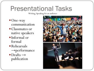 Presentational Tasks
            Writing, Speaking for an audience


 One-way
  communication
 Classmates or
  native speakers
 Informal or
  formal
 Rehearsals
  →performance
 Drafts →
  publication
 