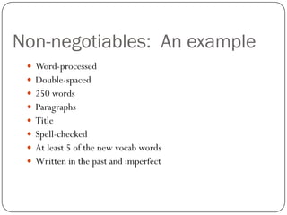 Non-negotiables: An example
  Word-processed
  Double-spaced
  250 words
  Paragraphs
  Title
  Spell-checked
  At least 5 of the new vocab words
  Written in the past and imperfect
 