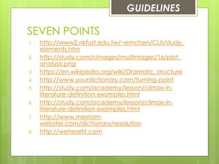 SEVEN POINTS
1. http://www2.nkfust.edu.tw/~emchen/CLit/study_
elements.htm
2. http://study.com/cimages/multimages/16/plot_
analysis.png
3. https://en.wikipedia.org/wiki/Dramatic_structure
4. http://www.yourdictionary.com/turning-point
5. http://study.com/academy/lesson/climax-in-
literature-definition-examples.html
6. http://study.com/academy/lesson/climax-in-
literature-definition-examples.html
7. http://www.merriam-
webster.com/dictionary/resolution
8. http://weheartit.com
GUIDELINES
 