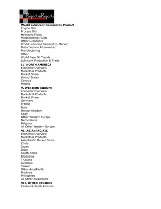World Lubricant Demand by Product
Engine Oils
Process Oils
Hydraulic Fluids
Metalworking Fluids
Other Lubricants
World Lubricant Demand by Market
Motor Vehicle Aftermarket
Manufacturing
Other
World Base Oil Trends
Lubricant Production & Trade
IV. NORTH AMERICA
Economic Overview
Markets & Products
Market Share
United States
Canada
Mexico
V. WESTERN EUROPE
Economic Overview
Markets & Products
Market Share
Germany
France
Italy
United Kingdom
Spain
Other Western Europe
Netherlands
Belgium
All Other Western Europe
VI. ASIA/PACIFIC
Economic Overview
Markets & Products
Asia/Pacific Market Share
China
Japan
India
South Korea
Indonesia
Thailand
Australia
Taiwan
Other Asia/Pacific
Malaysia
Philippines
All Other Asia/Pacific
VII. OTHER REGIONS
Central & South America
 