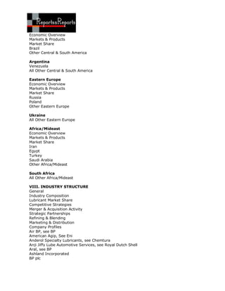 Economic Overview
Markets & Products
Market Share
Brazil
Other Central & South America

Argentina
Venezuela
All Other Central & South America

Eastern Europe
Economic Overview
Markets & Products
Market Share
Russia
Poland
Other Eastern Europe

Ukraine
All Other Eastern Europe

Africa/Mideast
Economic Overview
Markets & Products
Market Share
Iran
Egypt
Turkey
Saudi Arabia
Other Africa/Mideast

South Africa
All Other Africa/Mideast

VIII. INDUSTRY STRUCTURE
General
Industry Composition
Lubricant Market Share
Competitive Strategies
Merger & Acquisition Activity
Strategic Partnerships
Refining & Blending
Marketing & Distribution
Company Profiles
Air BP, see BP
American Agip, See Eni
Anderol Specialty Lubricants, see Chemtura
Anji Jiffy Lube Automotive Services, see Royal Dutch Shell
Aral, see BP
Ashland Incorporated
BP plc
 
