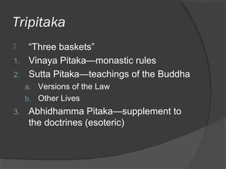 Tripitaka 
 “Three baskets” 
1. Vinaya Pitaka—monastic rules 
2. Sutta Pitaka—teachings of the Buddha 
a. Versions of the Law 
b. Other Lives 
3. Abhidhamma Pitaka—supplement to 
the doctrines (esoteric) 
 