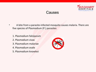 • A bite from a parasite-infected mosquito causes malaria. There are
five species of Plasmodium (P.) parasites
1. Plasmodium falciparum
2. Plasmodium vivax
3. Plasmodium malariae
4. Plasmodium ovale
5. Plasmodium knowlesi
Causes
 