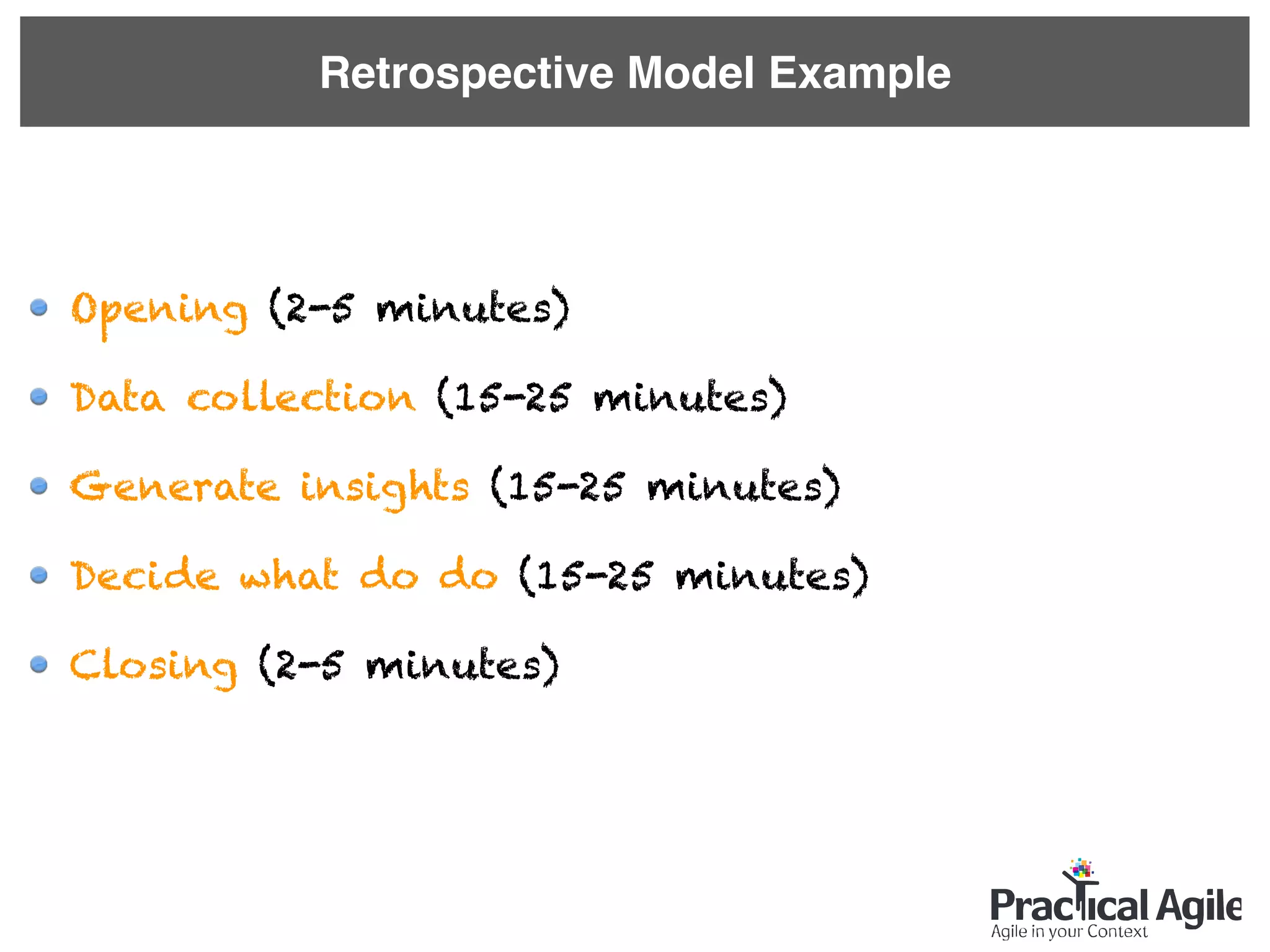Retrospective Model Example
Opening (2-5 minutes)
Data collection (15-25 minutes)
Generate insights (15-25 minutes)
Decide what do do (15-25 minutes)
Closing (2-5 minutes)
 