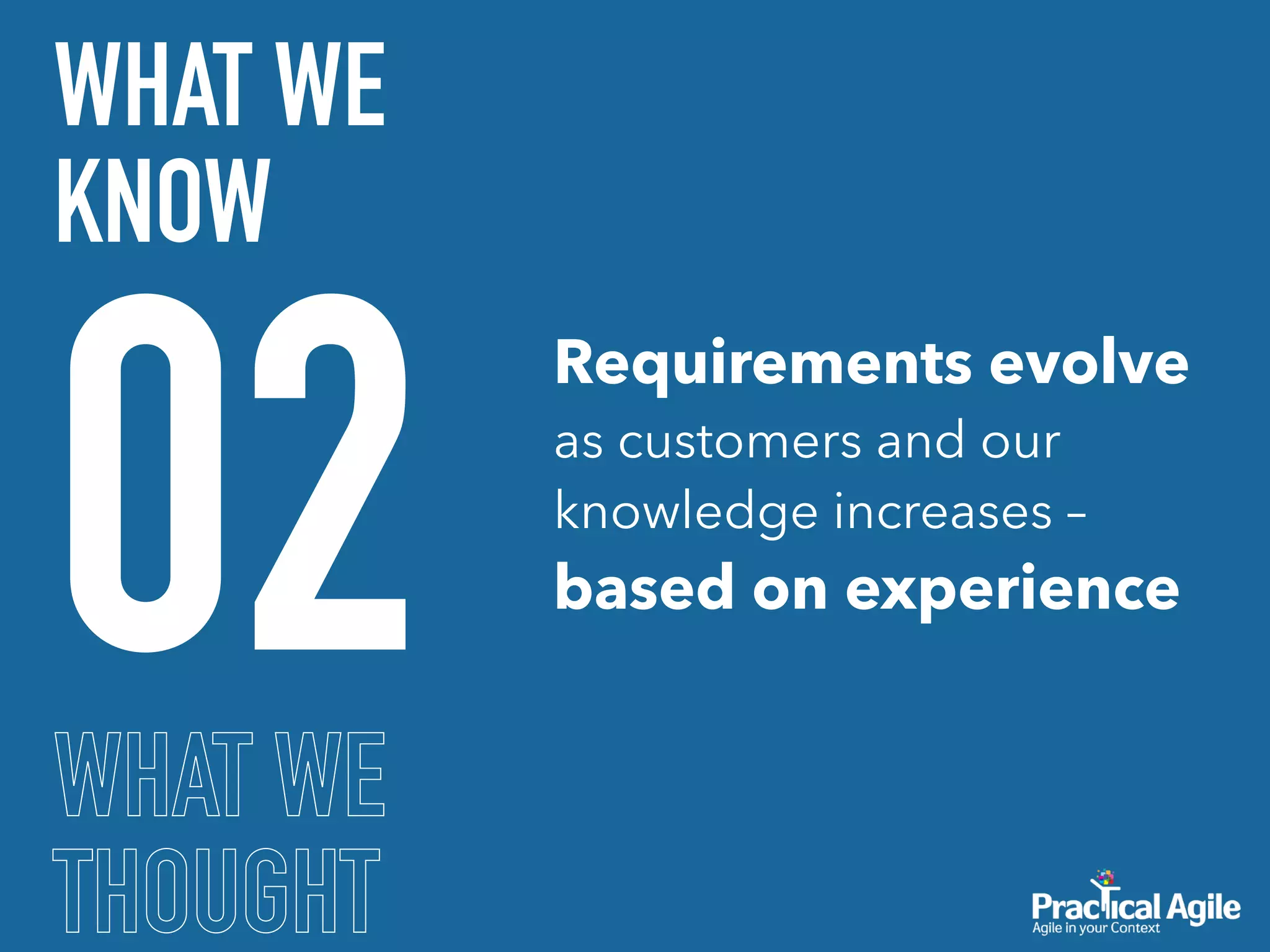 02
WHAT WE
KNOW
Requirements evolve
as customers and our
knowledge increases –
based on experience
WHAT WE
THOUGHT
 