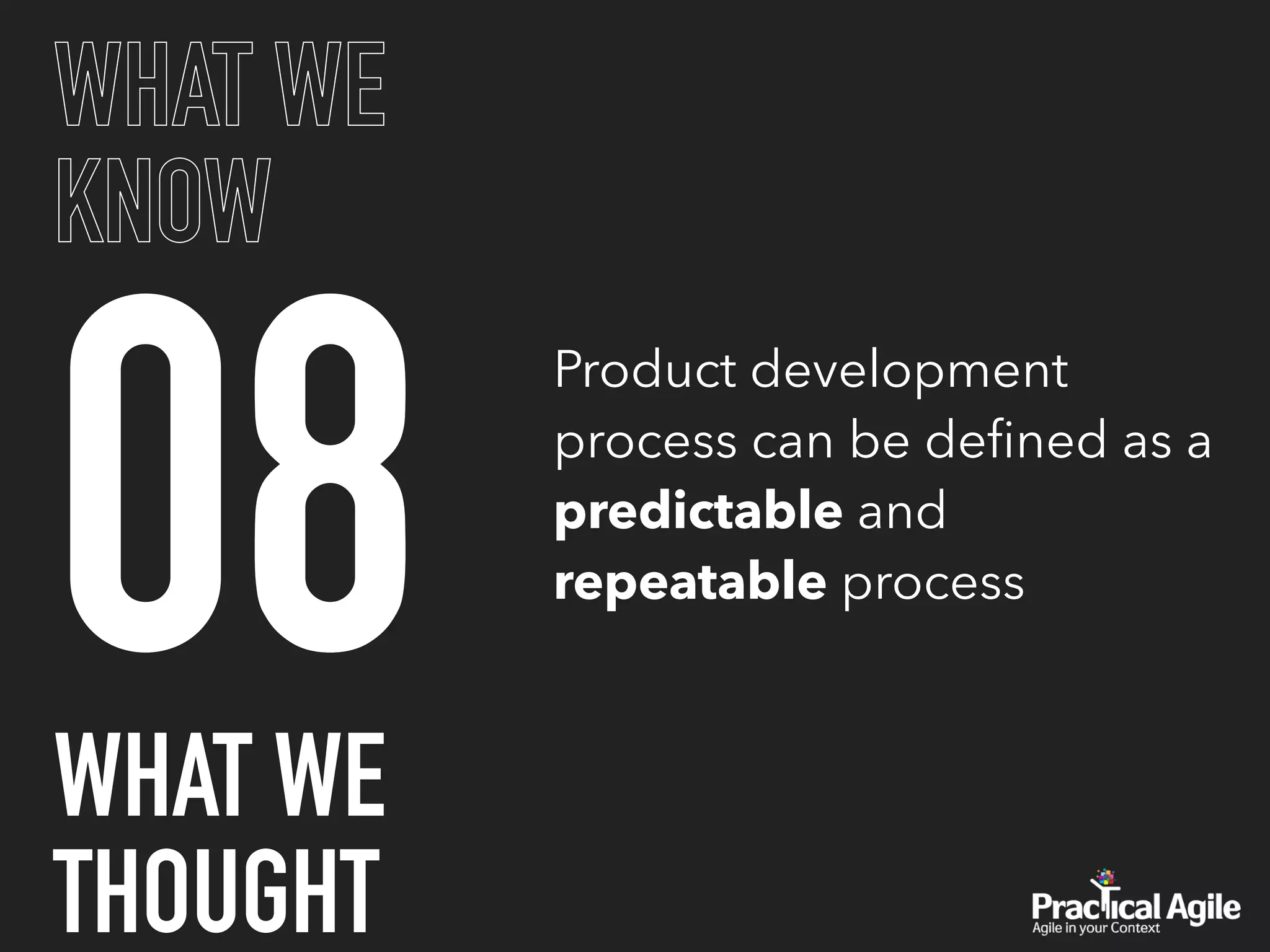 08
WHAT WE
KNOW
Product development
process can be deﬁned as a
predictable and
repeatable process
WHAT WE
THOUGHT
 