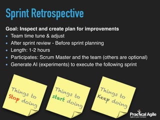Goal: Inspect and create plan for improvements
Team time tune & adjust
After sprint review - Before sprint planning
Length: 1-2 hours
Participates: Scrum Master and the team (others are optional)
Generate AI (experiments) to execute the following sprint
Sprint Retrospective
Things to  Stop doing
Things to  start doing
Things to  Keep doing
 