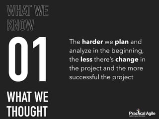01
WHAT WE
KNOW
The harder we plan and
analyze in the beginning,
the less there’s change in
the project and the more
successful the project
WHAT WE
THOUGHT
 