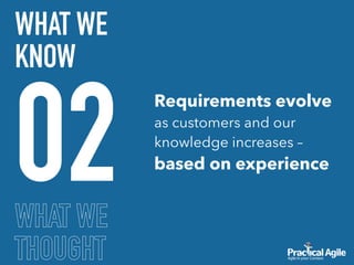 02
WHAT WE
KNOW
Requirements evolve
as customers and our
knowledge increases –
based on experience
WHAT WE
THOUGHT
 