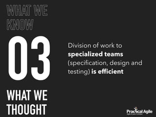 03
WHAT WE
KNOW
Division of work to
specialized teams
(speciﬁcation, design and
testing) is efﬁcient
WHAT WE
THOUGHT
 