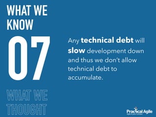 WHAT WE
THOUGHT
07
WHAT WE
KNOW
Any technical debt will
slow development down
and thus we don’t allow
technical debt to
accumulate.
 