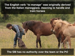 The English verb “to manage” was originally derived
from the Italian maneggiare, meaning to handle and
train horses
The SM has no authority over the team or the PO
 