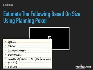 EXERCISE
Estimate The Following Based On Size
Using Planning Poker
• Spain
• China
• Luxembourg
• Denmark
• South Africa - 8 (Reference
point)
• Belize
 