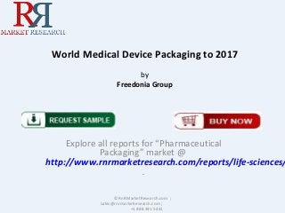 World Medical Device Packaging to 2017
by
Freedonia Group
Explore all reports for “Pharmaceutical
Packaging” market @
http://www.rnrmarketresearch.com/reports/life-sciences/
.
© RnRMarketResearch.com ;
sales@rnrmarketresearch.com ;
+1 888 391 5441
 