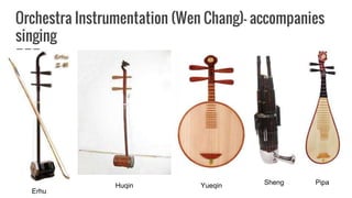 Orchestra Instrumentation (Wen Chang)- accompanies
singing
Erhu
Huqin Yueqin Sheng Pipa
 