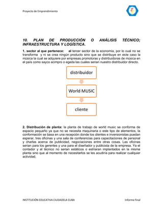 Proyecto de Emprendimiento




10. PLAN   DE  PRODUCCIÓN                        O   ANÁLISIS        TÉCNICO;
INFRAESTRUCTURA Y LOGÍSTICA.
1. sector al que pertenece: al tercer sector de la economía, por lo cual no se
transforma y ni se crea ningún producto sino que se distribuye en este caso la
música la cual se adquiere por empresas promotoras y distribuidoras de música en
el país como sayco acimpro o egeda las cuales serian nuestro distribuidor directo.


                                 distribuidor


                               World MUSIC


                                       cliente


2. Distribución de planta: la planta de trabajo de world music se conforma de
espacio pequeño ya que no se necesita maquinaria o este tipo de elementos, la
conformación se basa en una recepción donde los clientes e inversionistas puedan
esperar, tres oficinas y una sala de conferencias para capacitaciones de personal
y charlas acerca de publicidad, negociaciones entre otras cosas. Las oficinas
serian para los gerentes y una para el diseñador y publicista de la empresa. Ya el
contador y el técnico no serian estáticos o estriaran implantados en la misma
planta sino que al momento de necesitarlos se les acudiría para realizar cualquier
actividad.




INSTITUCIÓN EDUCATIVA CIUDADELA CUBA                                   Informe final
 