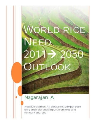 WORLD RICE
NEED
2011 2050
OUTLOOK

Nagarajan A
Note/Disclaimer: All data are study purpose
only and reference/inputs from web and
network sources
 
