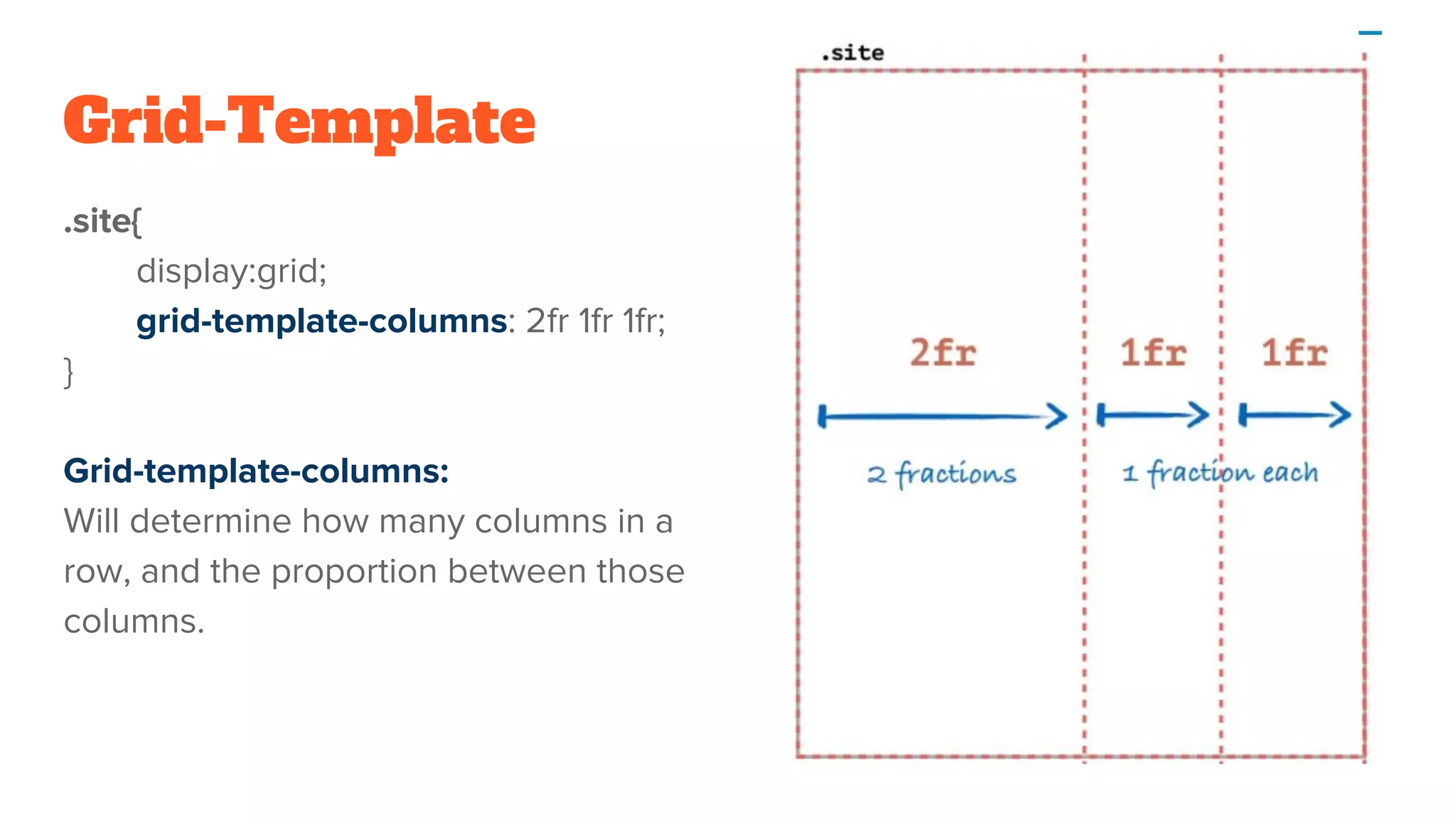 Grid-Template
.site{
display:grid;
grid-template-columns: 2fr 1fr 1fr;
}
Grid-template-columns:
Will determine how many columns in a
row, and the proportion between those
columns.
 