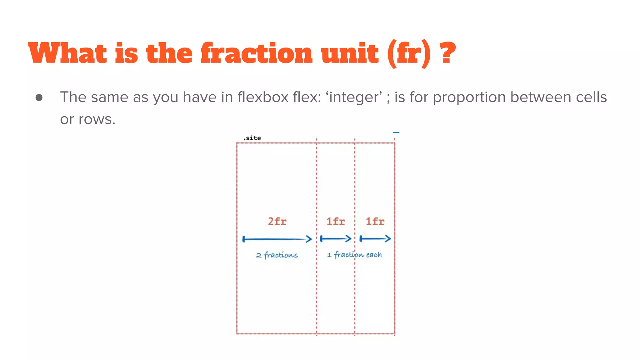 What is the fraction unit (fr) ?
● The same as you have in flexbox flex: ‘integer’ ; is for proportion between cells
or rows.
 