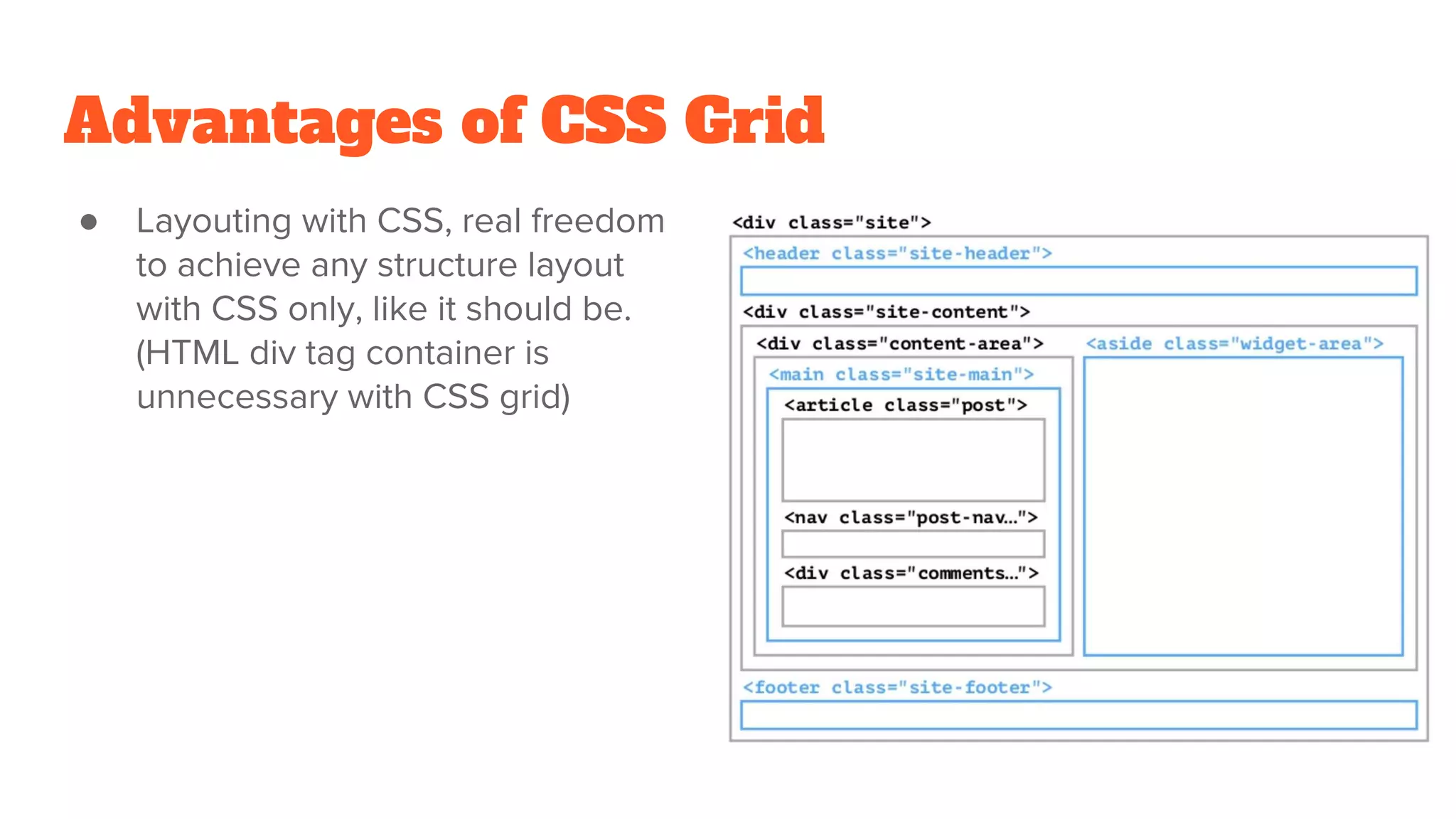 Advantages of CSS Grid
● Layouting with CSS, real freedom
to achieve any structure layout
with CSS only, like it should be.
(HTML div tag container is
unnecessary with CSS grid)
 