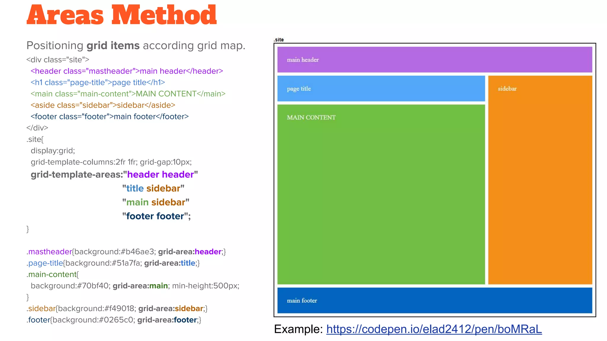 Areas Method
Positioning grid items according grid map.
<div class="site">
<header class="mastheader">main header</header>
<h1 class="page-title">page title</h1>
<main class="main-content">MAIN CONTENT</main>
<aside class="sidebar">sidebar</aside>
<footer class="footer">main footer</footer>
</div>
.site{
display:grid;
grid-template-columns:2fr 1fr; grid-gap:10px;
grid-template-areas:"header header"
"title sidebar"
"main sidebar"
"footer footer";
}
.mastheader{background:#b46ae3; grid-area:header;}
.page-title{background:#51a7fa; grid-area:title;}
.main-content{
background:#70bf40; grid-area:main; min-height:500px;
}
.sidebar{background:#f49018; grid-area:sidebar;}
.footer{background:#0265c0; grid-area:footer;}
Example: https://codepen.io/elad2412/pen/boMRaL
 