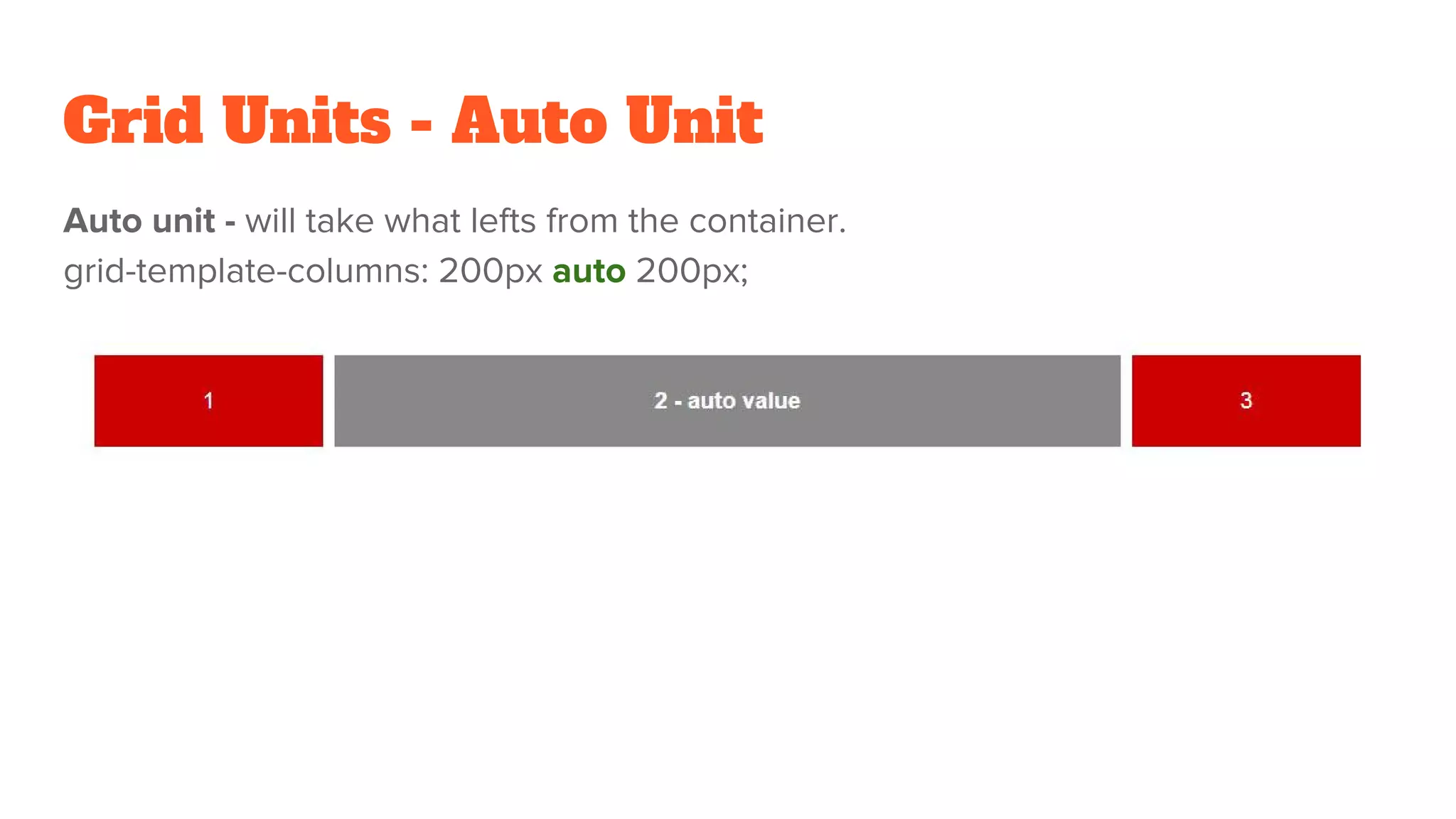 Grid Units - Auto Unit
Auto unit - will take what lefts from the container.
grid-template-columns: 200px auto 200px;
 