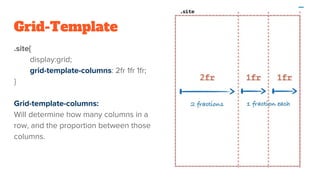 Grid-Template
.site{
display:grid;
grid-template-columns: 2fr 1fr 1fr;
}
Grid-template-columns:
Will determine how many columns in a
row, and the proportion between those
columns.
 