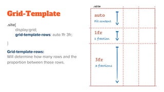 Grid-Template
.site{
display:grid;
grid-template-rows: auto 1fr 3fr;
}
Grid-template-rows:
Will determine how many rows and the
proportion between those rows.
 