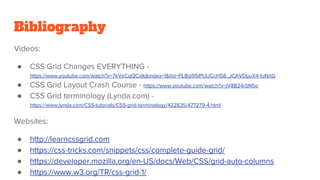 Bibliography
Videos:
● CSS Grid Changes EVERYTHING -
https://www.youtube.com/watch?v=7kVeCqQCxlk&index=1&list=PL8rji95IPUUCcHS8_JCAVDpuX4-fuNrtG
● CSS Grid Layout Crash Course - https://www.youtube.com/watch?v=jV8B24rSN5o
● CSS Grid terminology (Lynda.com) -
https://www.lynda.com/CSS-tutorials/CSS-grid-terminology/422835/477279-4.html
Websites:
● http://learncssgrid.com
● https://css-tricks.com/snippets/css/complete-guide-grid/
● https://developer.mozilla.org/en-US/docs/Web/CSS/grid-auto-columns
● https://www.w3.org/TR/css-grid-1/
 