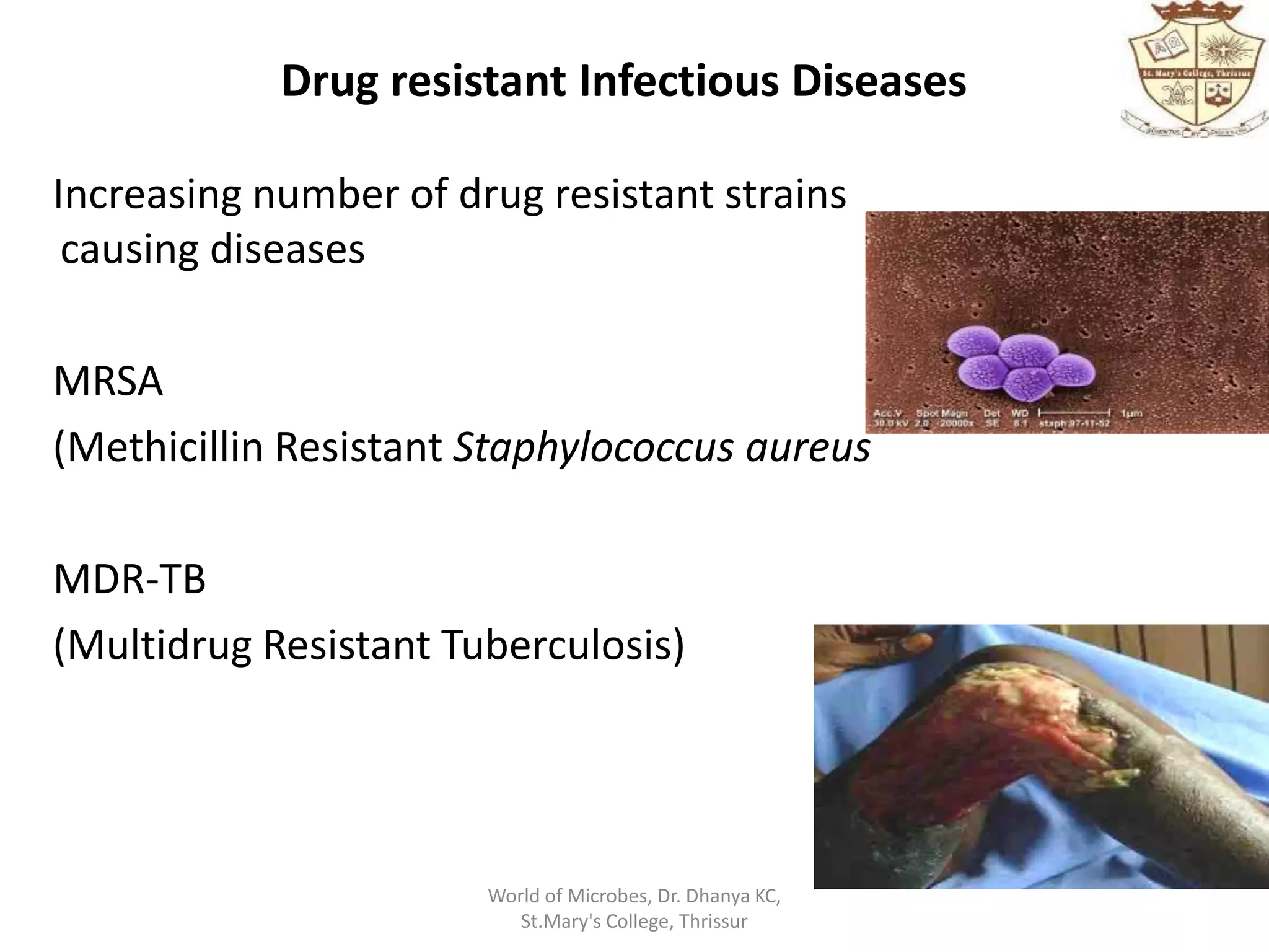 Drug resistant Infectious Diseases
Increasing number of drug resistant strains
causing diseases
MRSA
(Methicillin Resistant Staphylococcus aureus
MDR-TB
(Multidrug Resistant Tuberculosis)
World of Microbes, Dr. Dhanya KC,
St.Mary's College, Thrissur
 