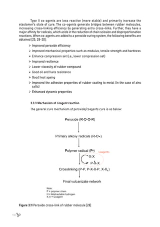 100
Figure 3.11 Peroxide cross-link of rubber molecule [28]
Type II co-agents are less reactive (more stable) and primarily increase the
elastomer’s state of cure. The co-agents generate bridges between rubber molecules,
increasing cross-linking efficiency by generating extra cross-links. Further, they have a
major affinity for radicals, which acids in the reduction of chain scission and disproportionation
reactions. When co-agents are added to a peroxide curing system, the following benefits are
obtained [25, 28-30]:
	
¾ Improved peroxide efficiency
	
¾ Improved mechanical properties such as modulus, tensile strength and hardness
	
¾ Enhance compression set (i.e., lower compression set)
	
¾ Improved resilience
	
¾ Lower viscosity of rubber compound
	
¾ Good oil and fuels resistance
	
¾ Good heat ageing
	
¾ Improved the adhesion properties of rubber coating to metal (in the case of zinc
salts)
	
¾ Enhanced dynamic properties
3.3.3 Mechanism of coagent reaction
The general cure mechanism of peroxide/coagents cure is as below:
 