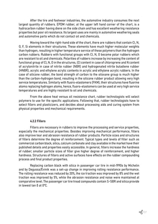 107
After the tire and footwear industries, the automotive industry consumes the next
largest quantity of rubbers. EPDM rubber, at the upper left hand corner of the chart, is a
hydrocarbon rubber having diene on the side chain and has excellent weathering resistance
properties but poor oil resistance. Its largest uses are mainly in automotive weathering seals
and automotive parts which do not contact oil and chemicals.
Moving toward the right-hand side of the chart, there are rubbers that contain Cl, N,
O, F, Si elements in their structures. These elements have much higher molecular weights
than hydrogen, resulting in higher temperature service of these polymers than the hydrogen
carbon rubbers. Rubbers with functional groups with Cl, N, O become polar rubbers which
are resistant to oil and chemicals. Polarities of rubbers increase by increasing the content of
functional group of Cl, N, O in the structures, (Cl content in case of chloroprene and N content
of acrylonitrile in case of nitrile rubber (NBR) and hydrogenated nitrile butadiene rubber
(HNBR), acrylic and ethylene acrylic contents in acrylic and ethylene acrylic rubbers. In the
case of silicone rubber, the bond strength of carbon to the siloxane group is much higher
than the carbon-hydrogen bond, resulting in the silicone rubber product allowing very high
service temperatures. Similarly with fluoro-elastomers (FKM), their structures have fluorine
atoms replacing hydrogen atoms, hence, fluoro-elastomers can be used at very high service
temperatures and are highly resistant to oil and chemicals.
From the above heat versus oil resistance chart, rubber technologists will select
polymers to use for the specific applications. Following that, rubber technologists have to
select fillers and plasticizers, and decides about processing aids and curing system from
physical properties and mechanical requirements.
4.2.2 Fillers
Fillers are necessary in rubbers to improve the processing and service properties,
especially the mechanical properties. Besides improving mechanical performance, fillers
also improve tear and abrasion resistance of rubber products. Particle sizes and structures
of fillers determine the degree of reinforcement. Typical types and levels of filler such as
commercial carbon black, silica, calcium carbonate and clay available in the market have their
published details and properties easily accessible. In general, fillers increase the hardness
of rubber; smaller particle sizes of filler give higher degree of reinforcement, and higher
hardness. Structures of fillers and active surfaces have effects on the rubber compounding
process and final product properties.
Replacing carbon black with silica in passenger car tire in mid-1990s by Michelin
and by Degussa/Evinik was a set-up change in improving rolling resistance performance.
The rolling resistance was reduced by 20%, the ice traction was improved by 8% and the wet
traction was improved by 5%, while the abrasion resistance and noise were maintained at
comparative level. The passenger car tire tread compounds contain S-SBR and silica provide
in lowest tan δ at 0ºC.
 