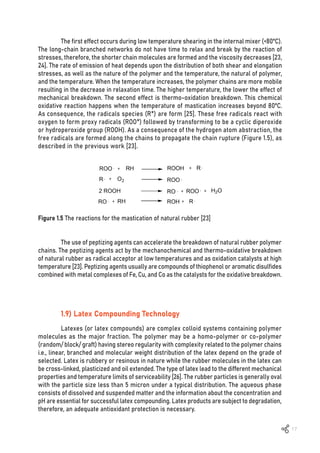 17
Figure 1.5 The reactions for the mastication of natural rubber [23]
The first effect occurs during low temperature shearing in the internal mixer (<80ºC).
The long-chain branched networks do not have time to relax and break by the reaction of
stresses, therefore, the shorter chain molecules are formed and the viscosity decreases [23,
24]. The rate of emission of heat depends upon the distribution of both shear and elongation
stresses, as well as the nature of the polymer and the temperature, the natural of polymer,
and the temperature. When the temperature increases, the polymer chains are more mobile
resulting in the decrease in relaxation time. The higher temperature, the lower the effect of
mechanical breakdown. The second effect is thermo-oxidation breakdown. This chemical
oxidative reaction happens when the temperature of mastication increases beyond 80ºC.
As consequence, the radicals species (R*) are form [25]. These free radicals react with
oxygen to form proxy radicals (ROO*) followed by transforming to be a cyclic diperoxide
or hydroperoxide group (ROOH). As a consequence of the hydrogen atom abstraction, the
free radicals are formed along the chains to propagate the chain rupture (Figure 1.5), as
described in the previous work [23].
The use of peptizing agents can accelerate the breakdown of natural rubber polymer
chains. The peptizing agents act by the mechanochemical and thermo-oxidative breakdown
of natural rubber as radical acceptor at low temperatures and as oxidation catalysts at high
temperature [23]. Peptizing agents usually are compounds of thiophenol or aromatic disulfides
combined with metal complexes of Fe, Cu, and Co as the catalysts for the oxidative breakdown.
1.9) Latex Compounding Technology
Latexes (or latex compounds) are complex colloid systems containing polymer
molecules as the major fraction. The polymer may be a homo-polymer or co-polymer
(random/ block/ graft) having stereo regularity with complexity related to the polymer chains
i.e., linear, branched and molecular weight distribution of the latex depend on the grade of
selected. Latex is rubbery or resinous in nature while the rubber molecules in the latex can
be cross-linked, plasticized and oil extended. The type of latex lead to the different mechanical
properties and temperature limits of serviceability [26]. The rubber particles is generally oval
with the particle size less than 5 micron under a typical distribution. The aqueous phase
consists of dissolved and suspended matter and the information about the concentration and
pH are essential for successful latex compounding. Latex products are subject to degradation,
therefore, an adequate antioxidant protection is necessary.
 