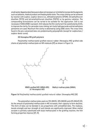21
Figure 1.6 Poly(methyl methacrylate)-grafted-natural rubber (Heveaplus MG) [30]
smallsectordippedproductbecauseisdoesnotnecessaryorislimitedtoincorporatethepigments
such as balloons, medical product and feeding bottle teats. The cross-linking can be achieved
by reaction with sulphur, sulphur donors (i.e., dithiodimorpholine (DTDM), tetraethylthiuram
disulfate (TETD) and tetramethylthiuram disulfate (TMTD)) or by gamma radiation. The
compounding formulations can be varied to be suitable for the application. ZnO is not
necessaryif ZDEC/ZDBC is present. ZnO reduces the film clarity but it be substituted by ZnCO3
to improve the clarity. For peroxide cross-linking, tert-butyl hydroperoxide and tetraethylene
pentamine are used. Maximum film clarity is obtained by using ZDBC alone. The cross-links
found in the pre-vulcanized latex are predominantly polysulphidic (except for sulphurless /
sulphur donor cures).
(II) Heveaplus MG graft polymers
Poly(methyl methacrylate)-grafted-natural rubber (Heveaplus MG) grafted side
chains of polymethyl-methacrylate on NR molecule [29] as shown in Figure 1.6.
The polymethyl-methacrylate used are 15% (MG15), 30% (MG30) and 49% (MG49) [31].
As the amount of polymethyl methacrylate in MG increases, their capacity to form declines.
This form of latex can be blended in any proportions with unmodified latex. The modulus,
tensile strength and tear strength of such blends are significantly improved. When methyl
acrylate is partially substituted with butyl methacrylate in the grafting reaction, the film
forming properties improve [29, 31].
 