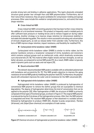 53
Figure 2.7 Chemical structure of hydrogenated acrylonitrile butadiene rubber (HNBR)
provide strong tack and binding in adhesive applications. This type’s physically entangled
structure gives greater tear strength than cold NBR polymerization. Furthermore, due of
their natural flow resistance, they are great candidates for compression molding and sponge
processes. Other uses include thin-walled or complicated process (i.e., extrusion) that need
shape retention.
‹ Cross-linked hot NBR
Cross-linked hot NBR is branching polymers that has been further cross-linked by
the addition of a di-functional monomer. This product is frequently used in molded parts to
offer sufficient back pressure or molding forces and to remove trapped air during rubber
processing. Another strategy is to improve shape retention (or dimensional stability) in
extruded and calendering goods. This results in more successful extruding and vulcanization
of intricate shaped parts, as well as release better from calender-rolls. Furthermore, this
form of NBR improve shape retention, impact resistance, and flexibility for modified PVC.
‹ Carboxylated nitrile butadiene rubber (XNBR)
Carboxylated nitrile butadiene rubber (XNBR) is similar to nitrile rubber, but the
polymer backbone contains a terpolymer composed of nitrile, butadiene and monomers
which contains carboxyl groups such as methacrylic acids, which drastically accelerates
cure characteristic [17, 18]. This material offers higher tensile and tear strengths, as well as
better abrasion, as compared to normal NBR grade [17]. As a result, XNBR rubber is typically
used in dynamic parts such as seals and rod wipers [19].
‹ Bound antioxidant NBR
The network-bound antioxidant NBR grade is available with an antioxidant polymerized
with butadiene and acrylonitrile [16, 19]. This NBR grade’s objective to improve the aging
resistance of normal NBR grade by modifying the polymer itself [17]. Furthermore, the polymer
bound with antioxidant improves the water and oil resistance for the NBR vulcanizate [21].
‹ Hydrogenated nitrile butadiene rubber (HNBR)
Hydrogenated nitrile butadiene rubber (HNBR) is produced by hydrogenation of
conventional NBR polymer to remove the olefinic groups that are susceptible to chemical
degradation. The degree of hydrogenation determines the kind of vulcanization that can be
applied to the polymer [22]. After hydrogenation of NBR, the structure of HNBR is primarily
composed of three types of functional groups, as shown in Figure 2.7. The original NBR polymer
is produced during the first phase of the hydrogenation process. After that, the NBR polymer
is coagulated and dried. The resultant NBR polymer is then dissolved in a suitable solvent,
followed by hydrogenation to produce HNBR [23]. Zhanber (Lianda corporation), Therban
(Arlanxeo), and Zetpol (Zeon chemical) are examples of trade names.
 