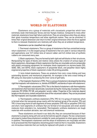WORLD OF ELASTOMER
Elastomers are a group of materials with viscoelastic properties which have
extremely weak intermolecular forces and low Young’s modulus. Compared to many other
materials, elastomers have high failure yield strain. They are amorphous when they are above
their glass transition temperature and allow significant motion. They can be stretched 1.5
times their original dimension and return to their original dimension when the force applied
to them is released. Elastomers are relatively soft when they are at ambient temperature.
Elastomers can be classified into 6 types:
1. Thermoset-elastomers. This is a group of elastomers that has unmatched energy
return elastomers. It is the largest group of elastomers that are used in various industries
and applications; over 12.7 million tons of natural rubber and 14.5 million tons of synthetic
rubbers are consumed every year.
2. Block copolymers. They are formed by both rigid and soft blocks in their structures.
Manipulating the types of blocks and relative ratios allows the creation of various types of
block copolymers. Advantages of block copolymers that they are recyclable and are comparable
with plastic processing equipment; for examples: block copolymers on styrene bases (SIS,
SEBS, SBS, and SEPS), block copolymers of polyamide block, and polyether block highly
engineered properties of block copolymers make 3D printing possible.
3. Ionic-linked elastomers. These are products from ionic cross-linking and have
outstanding dynamic and mechanical properties. An example is the ionic-cross-linking of
BR using zinc diacrylate in producing the inner cores of golf balls.
4. Thermoplastic Elastomers (TPE). This is a group of elastomers developed by blending
rigidthermoplasticwithelastomersi.e.,blendsofEPDM/PP,andblendsofnylonwithelastomers.
5. Thermoplastic vulcanizates (TPV). This is the blend of elastomers with thermoplastics
and elastomers that have been dynamically vulcanized during the mixing step. Examples of these
materials: PP/ EPDM, PP/ NR, and polyester/ acrylic rubber. Properties of the materials depend
largelyonthestructure,contentandparticlesizesofthevulcanizedrubbers.Theycanbeprocessed
like thermoplastic and recyclable elastomers.
6. Thermoplastic urethane elastomers (TPU, TPE-U). It is group of materials which
is formed when the isocyanate group reacts with the hydroxyl group of the alcohol. TPU and
TPE-U have long chains of soft segments of linear polyester (TPE-AU) or polyether (TPE-EU)
and short, hard segments of urethane that are formed of di-isocyanate and small alcohol
molecule chain extenders (i.e., butanediol). Thermoplastic urethane elastomers are tough
materials with excellent abrasion, tear and chemical resistances.
These elastomers are found in our daily life; they are consumed because of their
elastomeric property, being soft and can be formed into specific shapes. The low compression
set property makes these elastomers suitable for seals and gaskets to retain gases and liquid
in systems. Thermoplastic elastomers and the alloys of elastomers are recyclable and able
to be processed like thermoplastics becoming green material that is recyclable. Elastomers
are miraculous materials that can hardly be replaced with plastic or metal.
INTRODUCTION
 