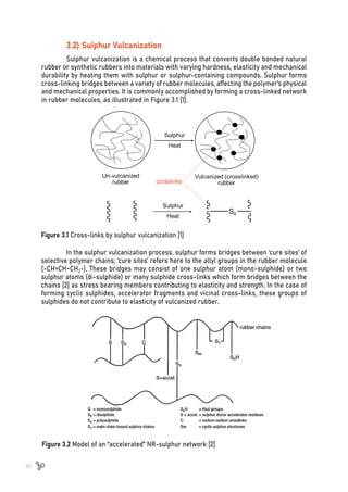 82
3.2) Sulphur Vulcanization
Sulphur vulcanization is a chemical process that converts double bonded natural
rubber or synthetic rubbers into materials with varying hardness, elasticity and mechanical
durability by heating them with sulphur or sulphur-containing compounds. Sulphur forms
cross-linking bridges between a variety of rubber molecules, affecting the polymer’s physical
and mechanical properties. It is commonly accomplished by forming a cross-linked network
in rubber molecules, as illustrated in Figure 3.1 [1].
Figure 3.1 Cross-links by sulphur vulcanization [1]
In the sulphur vulcanization process, sulphur forms bridges between ‘cure sites’ of
selective polymer chains; ‘cure sites’ refers here to the allyl groups in the rubber molecule
(-CH=CH-CH2-). These bridges may consist of one sulphur atom (mono-sulphide) or two
sulphur atoms (di-sulphide) or many sulphide cross-links which form bridges between the
chains [2] as stress bearing members contributing to elasticity and strength. In the case of
forming cyclic sulphides, accelerator fragments and vicinal cross-links, these groups of
sulphides do not contribute to elasticity of vulcanized rubber.
Figure 3.2 Model of an “accelerated” NR-sulphur network [2]
 