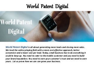 World Patent Digital
World Patent Digital is all about generating more leads and closing more sales.
We level the online playing field with a more cost effective approach, better
conversion and a lower cost per lead. Today, small business has to do everything it
could to keep up. You need to cater to the mobile customer and you need to build
your brand reputation. You need to earn your customer's trust and we need to earn
yours. Let us prove how we can can grow your business.
 