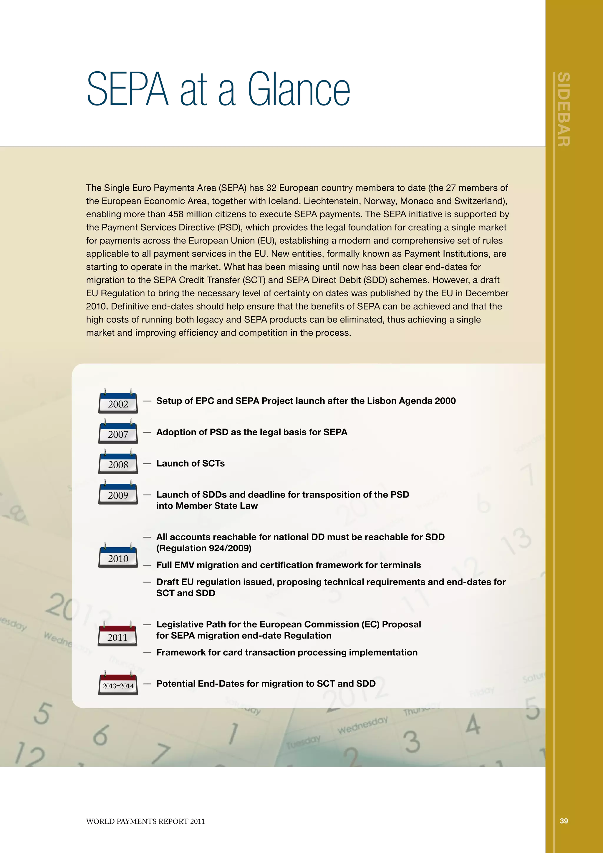 SEPA at a Glance




                                                                                                          SIDEBAR
The Single Euro Payments Area (SEPA) has 32 European country members to date (the 27 members of
the European Economic Area, together with Iceland, Liechtenstein, Norway, Monaco and Switzerland),
enabling more than 458 million citizens to execute SEPA payments. The SEPA initiative is supported by
the Payment Services Directive (PSD), which provides the legal foundation for creating a single market
for payments across the European Union (EU), establishing a modern and comprehensive set of rules
applicable to all payment services in the EU. New entities, formally known as Payment Institutions, are
starting to operate in the market. What has been missing until now has been clear end-dates for
migration to the SEPA Credit Transfer (SCT) and SEPA Direct Debit (SDD) schemes. However, a draft
EU Regulation to bring the necessary level of certainty on dates was published by the EU in December
2010. Definitive end-dates should help ensure that the benefits of SEPA can be achieved and that the
high costs of running both legacy and SEPA products can be eliminated, thus achieving a single
market and improving efficiency and competition in the process.




     2002       — Setup of EPC and SEPA Project launch after the Lisbon Agenda 2000


     2007       — Adoption of PSD as the legal basis for SEPA


     2008       — Launch of SCTs


     2009       — Launch of SDDs and deadline for transposition of the PSD
                   into Member State Law


                — All accounts reachable for national DD must be reachable for SDD
                   (Regulation 924/2009)
     2010
                — Full EMV migration and certification framework for terminals
                — Draft EU regulation issued, proposing technical requirements and end-dates for
                   SCT and SDD


                — Legislative Path for the European Commission (EC) Proposal
     2011          for SEPA migration end-date Regulation
                — Framework for card transaction processing implementation


    2013–2014   — Potential End-Dates for migration to SCT and SDD




WoRld PAymENTS REPoRT 2011                                                                                 39       39
 