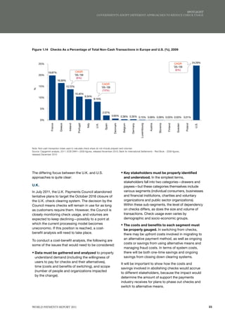 SPoTlIGhT
                                                                       GovERNmENTS AdoPT dIffERENT APPRoAChES To REduCE ChECK uSAGE




Figure 1.14 Checks As a Percentageof Total Non-Cash Transactions in Europe and U.S. (%), 2009
FIGURE 1.14. Cheques as a Proportion of Total Non-Cash Transactions in Europe and U.S. (%), 2009




      25%                                                                                                                                                           CAGR               24.29%
                                                                                                                                                                   ’05–’09
                                                                                                                                                                     (6%)
               19.87%                           CAGR
      20%                                      ’05–’09
                                                 (6%)
                          16.50%
                                                                              CAGR
      15%                           13.72%                                   ’05–’09
 %




                                                                              (10%)
                                               10.45%
      10%                                                   9.34%
                                                                     8.15%


       5%
                                                                             2.07%
                                                                                       0.65% 0.36% 0.35%
                                                                                                         0.15% 0.09% 0.09% 0.03% 0.03% 0.01%
       0%
                 France


                           Greece


                                     Ireland


                                                 Portugal


                                                             Italy


                                                                      U.K.


                                                                               Spain


                                                                                        Denmark


                                                                                                   Belgium


                                                                                                             Germany


                                                                                                                       Luxembourg


                                                                                                                                    Austria


                                                                                                                                              Slovenia


                                                                                                                                                         Finland


                                                                                                                                                                     Sweden


                                                                                                                                                                              Poland


                                                                                                                                                                                        U.S.
Note: Non-cash transaction totals used to calculate check share do not include prepaid card volumes
Source: Capgemini analysis, 2011; ECB DWH—2009 figures, released November 2010; Bank for International Settlements - Red Book - 2009 figures,
released December 2010




The differing focus between the U.K. and U.S.                                                     ƒ Key stakeholders must be properly identified
approaches is quite clear:                                                                           and understood. In the simplest terms,
                                                                                                     stakeholders fall into two categories—drawers and
U.K.                                                                                                 payees—but these categories themselves include
In July 2011, the U.K. Payments Council abandoned                                                    various segments (individual consumers, businesses
tentative plans to target the October 2018 closure of                                                and financial institutions, charities and voluntary
the U.K. check clearing system. The decision by the                                                  organizations and public sector organizations).
Council means checks will remain in use for as long                                                  Within these sub-segments, the level of dependency
as customers require them. However, the Council is                                                   on checks differs, as does the size and volume of
closely monitoring check usage, and volumes are                                                      transactions. Check usage even varies by
expected to keep declining—possibly to a point at                                                    demographic and socio-economic groups.
which the current processing model becomes                                                        ƒ The costs and benefits to each segment must
uneconomic. If this position is reached, a cost-                                                     be properly gauged. In switching from checks,
benefit analysis will need to take place.                                                            there may be upfront costs involved in migrating to
                                                                                                     an alternative payment method, as well as ongoing
To conduct a cost-benefit analysis, the following are
                                                                                                     costs or savings from using alternative means and
some of the issues that would need to be considered:
                                                                                                     managing fraud costs. In terms of system costs,
ƒ Data must be gathered and analyzed to properly                                                     there will be both one-time savings and ongoing
  understand demand (including the willingness of                                                    savings from closing down clearing systems.
  users to pay for checks and their alternatives),
                                                                                                  It will be important to show how the costs and
  time (costs and benefits of switching), and scope
                                                                                                  savings involved in abolishing checks would accrue
  (number of people and organizations impacted
                                                                                                  to different stakeholders, because the impact would
  by the change).
                                                                                                  determine the amount of support the payments
                                                                                                  industry receives for plans to phase out checks and
                                                                                                  switch to alternative means.




WoRld PAymENTS REPoRT 2011                                                                                                                                                                      23
 