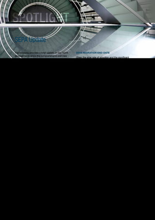 SPOTLIGHT
     SEPA Update
     The following provides a brief update on key SEPA         SEPA MIGRATION END-DATE
     developments since the comprehensive overview
                                                               Given the slow rate of adoption and the significant
     provided in the WPR 2010:
                                                               benefits at stake, many stakeholders, including the
     ƒ PSD implementation: The vast majority of                ECB and the EPC, reached the conclusion during
      member states have transposed the PSD into               2010 that targeted EU legislation was needed to
      national law. At the time of writing, Poland and         establish end-dates for the replacement of the
      Iceland are the only EU/EEA countries still to           national legacy payment schemes by the harmonized
      complete this task.                                      SEPA schemes. EU legislation to support SEPA is not
                                                               a new concept. The PSD had already provided initial
     ƒ SCT and SDD usage: In May 2011, SCTs                    support by providing a harmonized legal environment
      accounted for 19.37% of all eligible bank credit         and EU Regulation 924/2009 went further by requiring
      transfers, up materially from 9.6% in October 2010,      that all banks offering domestic euro direct debit
      while the volume of transactions rose to over 109        services within the Eurozone had to make themselves
      million from 49 million. SDDs, by contrast, still        reachable for SDDs by November 1, 2010. But a clear
      accounted for only 0.11% of all eligible direct debits   end-date for the migration process was still missing.
      in May 2011, equivalent to 0.69 million transactions.
      While the use of SEPA instruments is clearly             Against this background, the most important SEPA
      broadening (see public-sector use below), there is       development since our WPR 2010 update is the
      still a long way to go.                                  December 2010 publication by the EC of a proposal
                                                               for an EU Regulation ‘Establishing technical
     ƒ Public Administration (PA) usage of SEPA: As of
                                                               requirements for credit transfers and direct debits in
      October 2010, the SCT migration rate among PAs
                                                               euros and amending Regulation EC 924/2009’. As
      for the first time exceeded the corresponding rate
                                                               published, some aspects of the proposed Regulation
      for the overall market (14.5% vs. 9.6%), with the
                                                               have proved to be controversial. The EPC and many
      most significant growth reported by Finland,
                                                               other stakeholders had been hoping for a ‘clean’
      Belgium, Austria, Spain, France and Germany. SDD
                                                               approach simply requiring existing domestic euro
      migration so far remains marginal, partly as few
                                                               retail payment schemes to migrate to the SEPA
      PAs use DDs as a payment means. Notably,
                                                               schemes. However, in practice, political and
      countries with the fastest rates of migration growth
                                                               competition sensitivities resulted in a much more
      also predominate in eGovernment development
                                                               complex proposal, based on mandating a set of
      (i.e., their services are highly sophisticated and
                                                               guiding principles on technical standards that all euro
      accessible and have a low take-up gap). Finland is
                                                               retail credit transfer and direct debit schemes would
      one of the few cases in which the government,
                                                               have to meet by certain end-dates. Those dates—12
      users and banks are cooperating fully to adopt SCT
                                                               months after the ‘in force’ date of the Regulation was
      within 2011.
                                                               proposed for credit transfers and 24 months for
     ƒ eSEPA Models: The EPC has been continuing with          direct debits—potentially put those end-dates at
      its work on various eSEPA initiatives, with ongoing      end-2012 and end-2013 respectively, assuming the
      work on e-Mandates, e-payments and                       Regulation is finalized by the end of 2011.
      m-payments. Additionally, the EC is also pushing
      on with its work on e-Invoicing. Nevertheless, all of
      these future-looking developments hinge first on
      the successful migration to SCT and SDD.




40
 