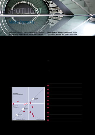 SPOTLIGHT
     Mobile Payments

     As noted in Section 1, the volume of mobile payments                                           b. Purchase on Mobile: This assumes ‘mobile
     is expected to grow at almost a 50% rate in the next                                                commerce’ evolves, with payers using more
     three years. The largest banks, especially those with a                                             sophisticated actions such as ‘search’ and ‘share’ to
     significant presence in the cards businesses and                                                    fulfill the purchase loop. (Social media also offers
     schemes, and mobile operators are investing in these                                                unique possibilities in this space).
     new technologies, sometimes in partnership with
                                                                                                    c. Presence on mobile: This space has only the basic
     producers of cell phones and providers of
                                                                                                         building blocks of enabling technologies that kick-
     smartphone operating systems. It is uncertain at this
                                                                                                         start the adoption of mobile payments. These include
     point which models will be successful and how
                                                                                                         short-message-service (SMS, text messaging)
     revenues will be shared.
                                                                                                         enablement, applications, NFC chip/sticker, etc.
     Figure 3.5 maps the mobile payments market into four                                           d. Possibilities on Mobile: This space blends elements
     quadrants to show today’s achievements and to define                                                from the demand and supply sides to offer enhanced
     the ‘value spaces’ that define tomorrow’s                                                           customer experience:
     opportunities, as well as incorporating the potential
     barriers to mobile-payments adoption.                                                           – Demand side: Builds on possibilities from ‘knowing
                                                                                                       the customer’—for example leveraging social,
     Each value space hinges on a different proposition:                                               CRM-based insights and/or location-based services
                                                                                                       to generate and present dynamic offers to
     a. Pay on mobile: This includes initiation of payments,                                           customers.
                            such as paying through contactless NFC. Volume
                            growth is constrained in this space by handset/                          – Supply side: Builds on the ability of players to
                            acceptance concerns.                                                       co operate—perhaps offering management (e.g.,
                                                                                                       co-branding arrangements), revenue-sharing, etc



     Figure 3.5                        Mobile Payments Is a Multi-Layered Solution Requiring Players to Calibrate
                                       Their Actions per the zone of Play
                                                                                                          J.P. Morgan Chase, Wells Fargo and Bank of America –
                                                                                                     1
                                                                                                          ClearXchange – P2P and C2B payments (SME)
                                                                                                          Google launched a new payment service (with Citigroup,
                                                                                                     2
                                                                                                          MasterCard, and Sprint)
      Possibilities on Mobile




                                                                                                          Verizon Wireless, AT&T Inc., and T-Mobile USA in
                                                                                                     3
                                Information &                                                             cooperation with Visa and Mastercard launched Isis
                                Cooperation barriers
                                                                                                          Bank of America launched a Mobile Wallet payment
                                                                                                     4
                                                                                                          service in cooperation with Research In Motion
                                                                         C Explore
                                                                           space                          RBS launched a mobile service on Research In Motion’s
                                                                                                     5
                                         9
                                                                                                          new Blackberry tablet to provide information on FICC

                                                               6
                                                                   2                                      Dutch six-pack: T-Mobile, Vodafone, KPN, ABN Amro,
                                5                                                                    6
                                                           8                                              ING, Rabobank launched an NFC-based payment service
                                Handset /
                                POS barriers                            3                                 In Italy, main telecom operators (TIM, Vodafone, Wind, 3
      Presence on Mobile




                                                                                                     7
                                                   B Enable                                               Italy, PosteMobile, Fastweb) launched a platform for
                                                     space                                                clients to buy digital content with their mobile accounts
                                                       4
                                                                   1                                      U.K. Payments Council launched a project focused on
                                                                                                     8
                                                                        10                                transferring money from one account to another
                                       A Execute                                                          In the U.K., PayPal and Pizza Express launched an iPhone
                                         space                               7                       9
                                                                                                          app allowing customers to pay their bill at any time
                                      Transaction Zone                           Interaction Zone         Telia Denmark, TDC, Telenor Denmark & 3 Denmark are
                                                                                                     10
                                                                                                          developing a common platform for NFC m-payments
                                       Pay on Mobile                   Purchase on Mobile
     Source: Capgemini analysis, 2011




52
 