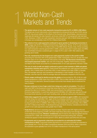 SECTIoN TITlE l1
                                                                                                 SECTIoN TITlE l2




1
HIGHLIGHTS   World Non-Cash
             Markets and Trends
             ƒ The global volume of non-cash payments transactions grew by 5% in 2009 to 260 billion.
              The global use of such instruments, which expanded at a compound annual rate of 6.8% during
              2001-09, has proved resilient to the effects of the financial crisis. Nevertheless, macroeconomic
              weakness did restrain the rate of growth, as the pre-crisis 2001-07 annual growth rate had been
              7.2%. Moreover, in 2009, non-cash transaction volumes rose just 1.8% in North America and 4.7%
              in Europe, but considerably more (10.1%) in Mature Asia-Pacific.

             ƒ The volume of non-cash payments continued to grow quickly in developing economies in
              2009. Usage rose 22.0% in CEMEA (Central Europe, Middle East, Africa), 15.4% in Latin America
              excluding Brazil, and 11.1% in the Rest of Asia. In the BRIC (Brazil, Russia, India, China) countries,
              non-cash transaction volumes gained 8.6% in 2009, a slower pace than in recent years, but BRIC
              has nevertheless showed a sustained gain in usage (12.4% a year in 2001-09), fueled by the
              growing use of cards.

             ƒ The U.S. remained by far the largest non-cash payments market in the world in 2009,
              accounting for more than 40% of the global total in 2009. Individuals in the U.S. are also the most
              frequent users of non-cash payments instruments in the world. The Eurozone remained the
              next largest payments market, with over 21% of the total. Together, North America, Europe,
              and Mature Asia-Pacific accounted for a combined 83% of non-cash payments volumes in 2009.

             ƒ The use of cards (credit and debit) continued to grow in most markets in 2009 and global
              transaction volumes were up 9.7%. Cards remain the preferred non-cash payment instrument
              globally, with a market share of more than 40% in most markets and a high of 68% in Canada.
              Also, the average value per card transaction is decreasing in most markets. In the U.S., for
              example, volumes rose 5% while the average value per transaction dropped to €40 from €43.

             ƒ Check usage continued to decline across the globe and accounted for 16% of all non-cash
              global transactions in 2009, down from 22% in 2005. This is a clear indicator of the global shift
              toward electronic payments. Several European economies have already decommissioned the
              use of checks.

             ƒ Europe continues to incur huge costs from rising euro cash-in-circulation. The ratio of
              cash over GDP in the Eurozone is more than twice that of the U.S. If the Eurozone could have
              reduced this ratio to U.S. levels in 2009, even accounting for the inefficiencies created by
              Eurozone fragmentation, it could have saved around €18 billion-€21 billion per year just through
              the proportional reduction in euro cash-handling costs, as well as improved tax transparency.

             ƒ Initial data suggests the growth in global payments picked up again in 2010, with transaction
              volumes rising at an estimated 7.8%, again driven by emerging markets and Mature Asia-Pacific
              and, in particular, by the growing use of cards in those markets. Non-cash payments are expected
              to show growth of 37% in CEMEA, 23% in Rest of Asia (excluding China and India), 14% in BRIC,
              and 14% in Mature Asia-Pacific. In developed Europe and North America, indications are that the
              growth in non-cash payments is also greater than in 2009.

             ƒ Trade finance demand is expanding as exports increase. Exports were 24% higher at the end
              of 2010 than at the beginning of 2009, with Asian trade flows rebounding more strongly than those of
              most developed economies. Workers’ remittances were hit hard by the crisis and global volumes
              contracted 5% in 2009, with remittances to Europe and Central Asia sinking 23%. However,
              remittances appear to have resumed growth in 2010, albeit at a slower pace (6%) than pre-crisis.

             ƒ E-payments and m-payments collectively accounted for an estimated 22.5 billion
              transactions in 2010. E-payments (online payments for e-commerce activities) are expected to
              grow globally from 17.9 to 30.3 billion transactions (between 2010 and 2013), while m-payments
              are expected to grow globally from 4.6 to 15.3 billion transactions in the same period.



WoRld PAymENTS REPoRT 2011                                                                                             7
 