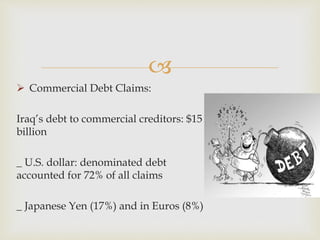 
 Commercial Debt Claims:
Iraq’s debt to commercial creditors: $15
billion
_ U.S. dollar: denominated debt
accounted for 72% of all claims
_ Japanese Yen (17%) and in Euros (8%)
 
