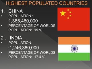 1. CHINA 
• POPULATION : 
1,365,460,000 
• PERCENTAGE OF WORLDS 
POPULATION: 19 % 
2 . INDIA 
• POPULATION 
:1,246,380,000 
• PERCENTAGE OF WORLDS 
POPULATION: 17.4 % 
 