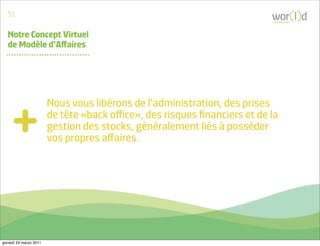 51
                                                                          communicate



   Notre Concept Virtuel
   de Modèle d’Aﬀaires




                        Nous vous libérons de l'administration, des prises
                        de tête «back oﬃce», des risques ﬁnanciers et de la
                        gestion des stocks, généralement liés à posséder
                        vos propres aﬀaires.




giovedì 24 marzo 2011
 