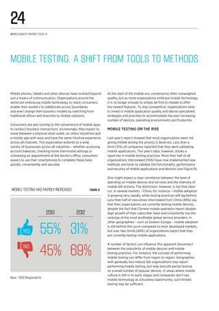55% 31%
45% 69%
2013 2012
YES
NO
Mobile testing has rapidly increased Figure 9
Base: 1500 Respondents
Mobile Testing: A Shift from Tools to Methods
Mobile phones, tablets and other devices have evolved beyond
just a means of communication. Organizations around the
world are embracing mobile technology to reach consumers,
enable their workers to collaborate across boundaries
and even change their business models by switching from
traditional offices and branches to mobile solutions.
Consumers are also turning to the convenience of mobile apps
to conduct business transactions. Increasingly, they expect to
move between a physical retail outlet, an online storefront and
a mobile app with ease and have the same intuitive experience
across all channels. This expectation extends to a wide
variety of businesses across all industries – whether accessing
account balances, checking home thermostat settings or
scheduling an appointment at the doctor’s office, consumers
expect to use their smartphones to complete these tasks
quickly, conveniently and securely.
At the start of the mobile era, convenience often outweighed
quality, but as more organizations embrace mobile technology,
it is no longer enough to simply be first to market to offer
the newest features. To stay competitive, organizations have
to invest in mobile application quality and devise specialized
strategies and priorities to accommodate the ever-increasing
number of devices, operating environments and footprints.
Mobile testing on the rise
Last year’s report showed that most organizations were not
giving mobile testing the priority it deserves. Less than a
third (31%) of companies reported that they were validating
mobile applications. This year’s data, however, shows a
rapid rise in mobile testing practices. More than half of all
organizations interviewed (55%) have now implemented new
methods and tools to validate the functionality, performance
and security of mobile applications and devices (see Figure 9).
One might expect a clear correlation between the level of
spending on mobile devices and services and the intensity of
mobile QA activity. The distinction, however, is not that clear-
cut. In several markets – China, for instance – mobile adoption
is growing very rapidly, while testing practices still lag behind.
Less than half of executives interviewed from China (46%) say
that their organizations are currently testing mobile devices,
despite the fact that Chinese mobile operators report double-
digit growth of their subscriber base and consistently top the
rankings of the most profitable global service providers. In
other geographies – such as Eastern Europe – mobile adoption
is still behind the curve compared to most developed markets,
but over two-thirds (69%) of organizations report that they
are currently testing mobile applications.
A number of factors can influence this apparent disconnect
between the popularity of mobile devices and mobile
testing practices. For instance, the concept of performing
mobile testing can differ from region to region. Geographies
with generally less mature QA organizations may report
performing mobile testing, but only execute partial testing
on a small number of popular devices. In areas where mobile
culture is still in its early stages and companies don’t see
mobile technology as a business opportunity, such limited
testing may be sufficient.
World Quality Report 2013-14
24
 