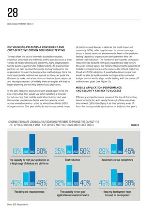 62% 40%
The capacity to test your
application on several networks
2012 2013 49% 38%
Keep my development team
focused on development
2012 201340% 43%
Flexibility and responsiveness
2012 2013
29% 45%
Benchmark versus competitors
2012 201325% 50%
Cost reduction
2012 201318% 60%
The capacity to test your application on
a large range of devices and platforms
2012 2013
Organizations are looking at outsourcing partners to provide the capacity to
test applications on a variety of devices and platforms and reduce costs Figure 12
Base: 825 Respondents
Outsourcing presents a convenient and
cost-effective option for mobile testing
To help offset the lack of internally available resources,
expertise, processes and methods, and to gain access to a wide
variety of mobile devices and platforms, many organizations
turn to business partners for mobile testing. An experienced
partner can help develop the mobile testing strategy for the
organization through the best practice methodology. Once the
most appropriate methods are agreed on, they can guide the
QA team to make critical decisions on devices, tools, resources
and testing schedules. Ultimately, these strategies will lead to
better planning and will help achieve cost objectives.
In the 2013 research, executives were asked again to list the
key criteria that they would use when selecting a provider
for outsourcing their mobile application testing. Last year,
the number one decisive factor was the capacity to test
across several networks – cited by almost two-thirds (62%)
of organizations. This year, ability to test across a wide range
of platforms and devices is rated as the most important
capability (60%), reflecting the need to ensure coverage
across a broad variety of environments. Next to the platform
testing capability, organizations seek partners who can
deliver cost reduction. The number of participants citing cost
reduction has doubled from just a quarter last year to 50%
this year. In most cases, the factors influencing the selection of
mobile testing partners are the same as the criteria that drive
Cloud and TCOE adoption. A qualified outsourcing partner
would be able to build a mobile testing practice aimed at
budget control and to align mobile testing with the primary IT
and business goals (see Figure 12).
Mobile application performance
and security are key to success
Efficiency and performance remain at the top of the testing
teams’ priority list, with nearly three out of five executives
interviewed (59%) identifying it as their primary areas of
focus for testing mobile applications. In addition, this year’s
World Quality Report 2013-14
28
 