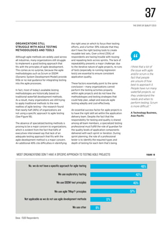 Most organizations don’t have a specific approach to testing agile projects Figure 18
No, we do not have a specific approach for agile testing
We use exploratory testing
We use DSDM test principles
We use agile TMap® principles
Not applicable as we do not use agile development methods
We use other
46%
42%
40%
37%
17%
8%
Base: 1500 Respondents
I think that a lot of
the issue with agile
and/or scrum is the
fact that people
are unsure of how
best to approach it.
People have run many
waterfall projects, so
they understand the
needs and when to
perform testing. Scrum
is more difficult.”
A Technology Business,
Asia-Pacific
Organizations still
struggle with agile testing
methodologies and tools
Although agile methods are widely used across
all industries, many organizations still struggle
to implement a good testing approach that
fits with the principles of agile development.
This comes as no surprise, because the agile
methodologies such as Scrum or DSDM
(Dynamic System Development Model) provide
little or no real guidance for integrating testing
into the agile processes.
In fact, most of today’s available testing
methodologies are historically based on
traditional waterfall development methods.
As a result, many organizations are still trying
to apply traditional methods to the new
realities of agile testing – the research found
that nearly half (46%) of organizations are
not using a specific approach to agile testing
(See Figure 18).
The absence of specialized testing methods is
proving to be a major concern to organizations,
which is evident from the fact that 64% of
executives interviewed say that lack of an
adequate testing approach that fits with the
agile development method is a major concern.
An additional 49% cite difficulties in identifying
the right area on which to focus their testing
efforts, and a further 39% indicate that they
don’t have the right testing tools to create
reusable test sets. Over a third (35%) of
respondents are having trouble with reusing
and repeating tests across sprints. The lack of
repeatability presents a major challenge: due
to the iterative nature of agile projects, re-runs
of tests (especially re-running regression
tests) are essential to ensure consistent
application quality.
These factors essentially point to the same
conclusion – many organizations cannot
perform the testing activities properly
within agile projects and do not have the
methodologies and testing strategies that
could help plan, adapt and execute agile
testing adeptly and cost-effectively.
An essential success factor for agile projects is
to have the right skill set within the application
delivery team. Despite the fact that the
responsibility for testing and quality is shared
among all team members, a specialized testing
professional must fulfill the role of guardian for
the quality levels of application components
delivered with each sprint or iteration. During
sprint planning, the role of a professional
tester is to identify the required types and
depth of testing for each item that’s being
37
The State of Quality 2013
 